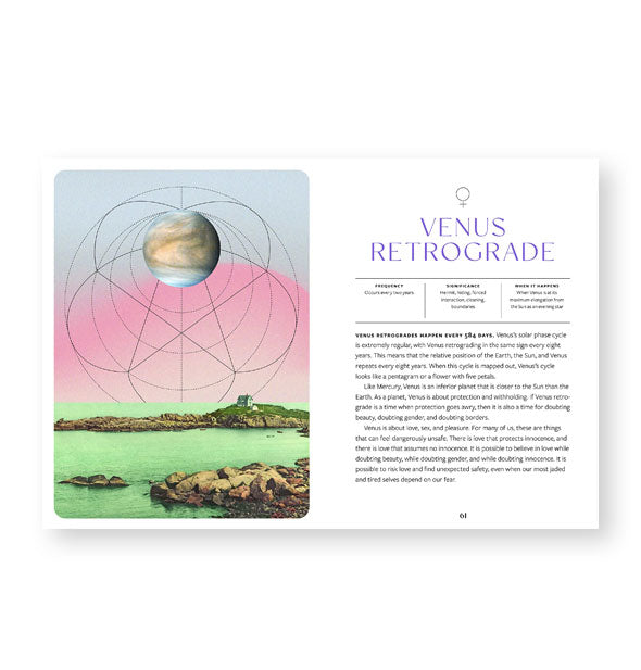 Page spread from Aligning Your Planets features a chapter titled Venus Retrograde alongside otherworldly illustration