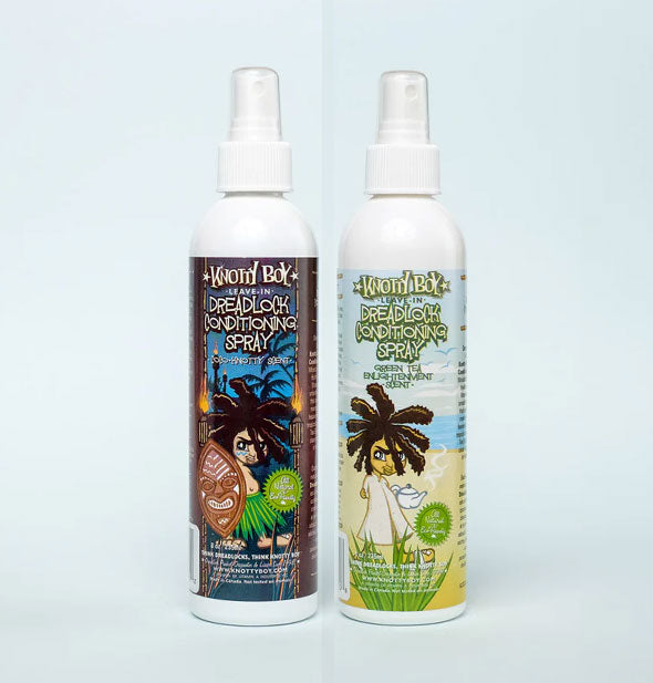 Two 8 ounce bottles of Knotty Boy Dreadlock Conditioning Spray, one Coco-Knotty scent and the other Green Tea Enlightenment scent