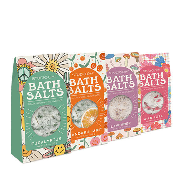 Grouping of four Studio Oh! Bath Salts packs: Eucalyptus, Mandarin Mint, Lavender, and Wild Rose