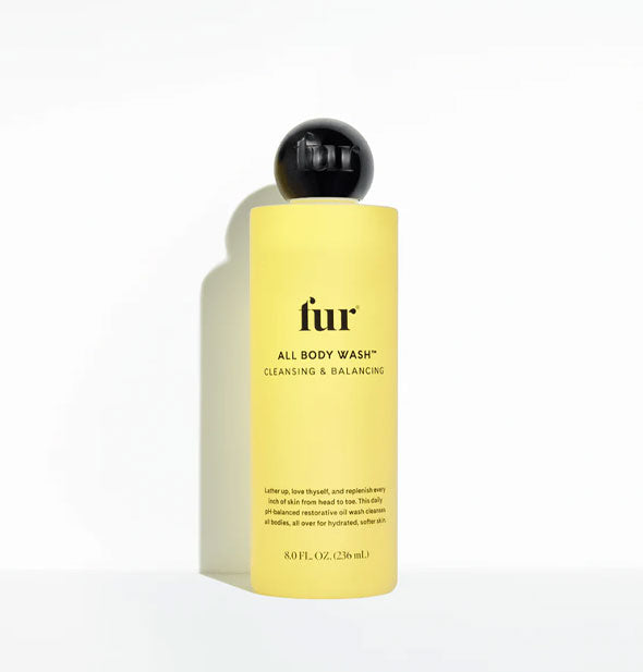 Yellow 8 ounce bottle of Fur All Body Wash with black spherical cap