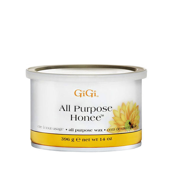 14 ounce tub of GiGi All Purpose Honee wax with gold accent band at the bottom and an image of a yellow flower with bee in the center at right