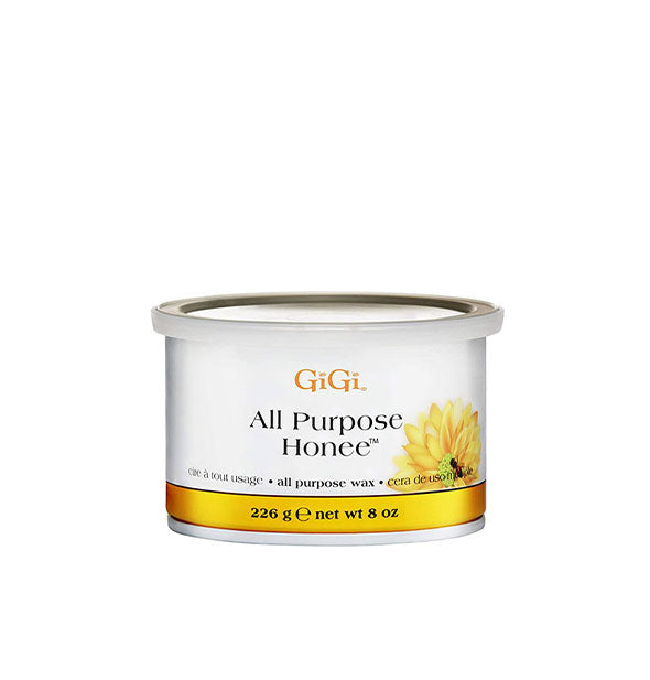 8 ounce tub of GiGi All Purpose Honee wax with gold accent band at the bottom and an image of a yellow flower with bee in the center at right