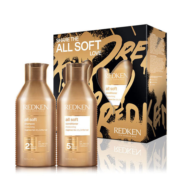 Box and contents of the Redken Share the All Soft Love kit with box: 16.9 ounce All Soft Shampoo and Conditioner