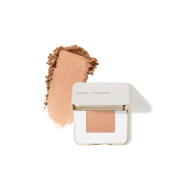 Opened square white and gold Jane Iredale eye shadow compact with sample product application at left in the shade Allure