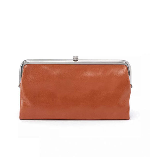 Brown leather wallet with top silver-toned frame hardware