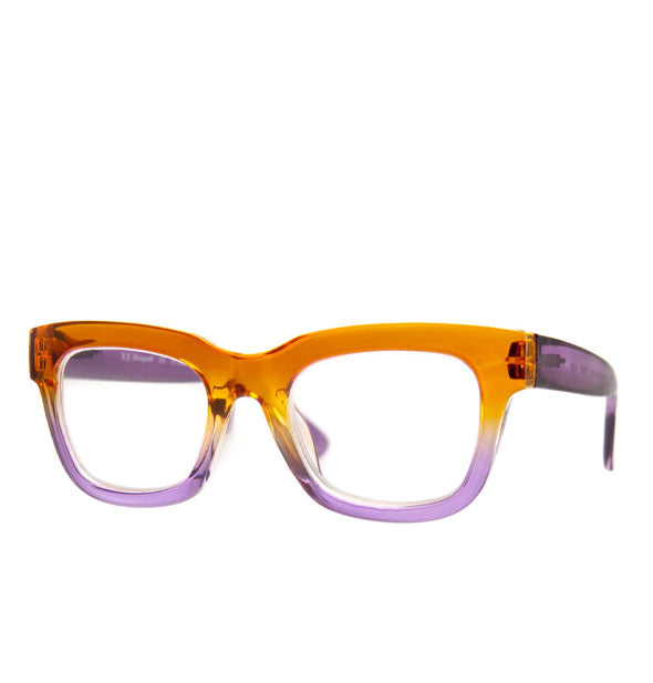 Thick-rimmed glasses with orange-to-purple ombre rims and purple temple arms