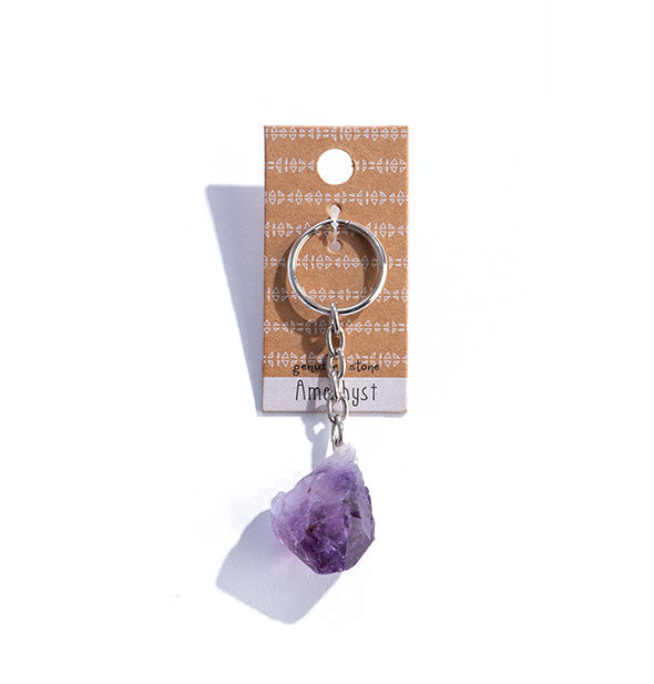 Raw purple amethyst is attached to a silver keyring on product card