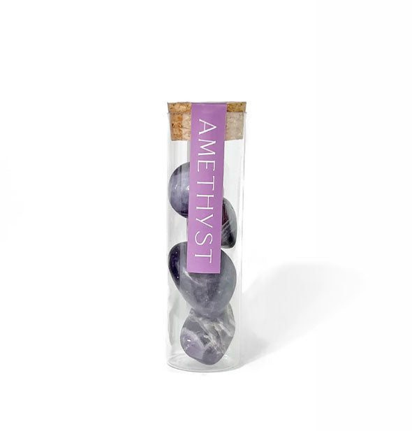 A clear vial filled with four amethyst stones is topped with a cork lid and purple label with white lettering