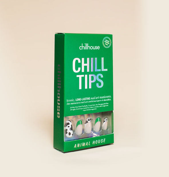 Green box of Chillhouse Chill Tips press-on nails in Animal House style with several samples in green French tip, black and white cowhide print French tip, and all-over cowhide print visible through packaging window