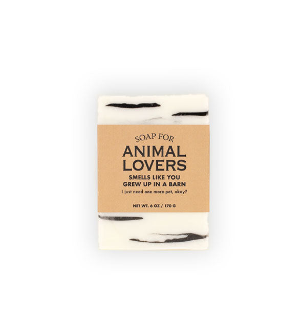 Bar of Soap for Animal Lovers (Smells Like You Grew Up In a Barn) is white with black stripes and wrapped in brown paper with black lettering