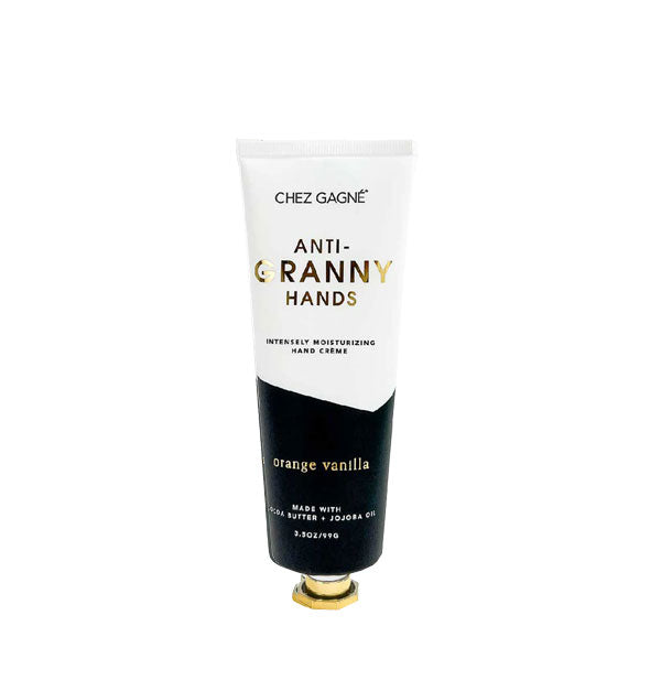 White and black 5 ounce tube of Orange Vanilla Chez Gagné Anti-Granny Hands Intensely Moisturizing Hand Crème with gold cap and lettering