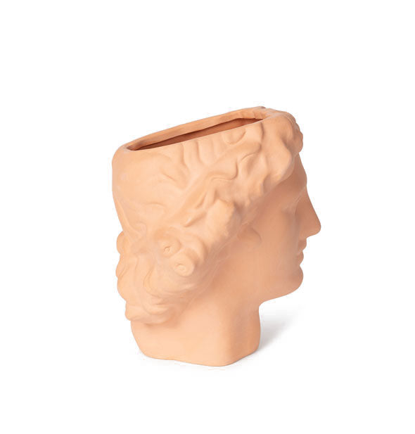 Profile view of terracotta Apollo head vase