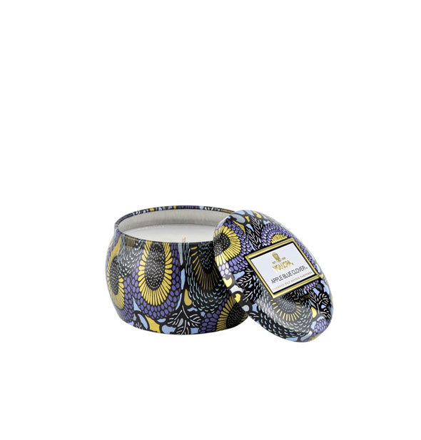 Decorative purple and gold candle tin with lid