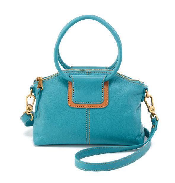 Aqua blue leather handbag with brown accent, rounded top handles, long crossbody strap, and clasp and zipper gold hardware