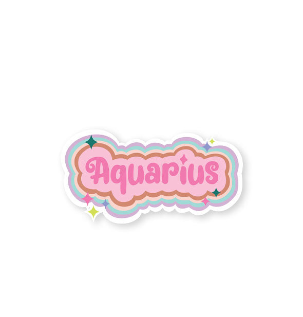 Aquarius sticker with colorful striped border and star accents