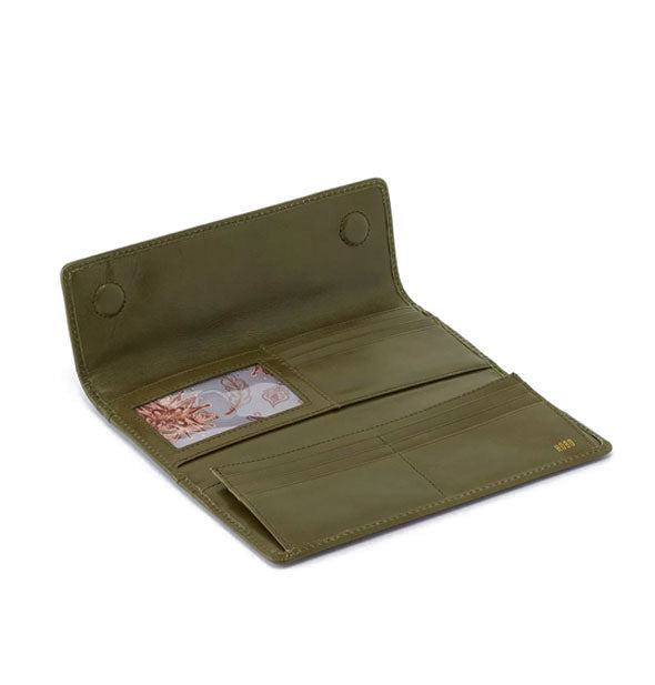 Olive green leather wallet shown open to reveal interior card slots