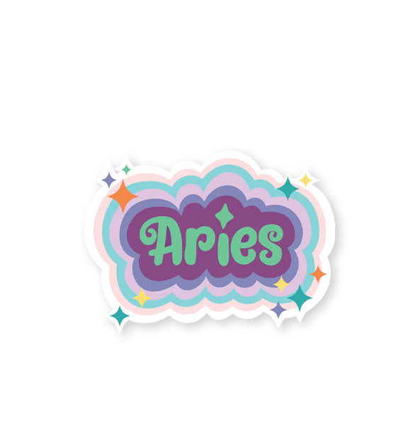 Aries sticker with colorful striped border and star accents