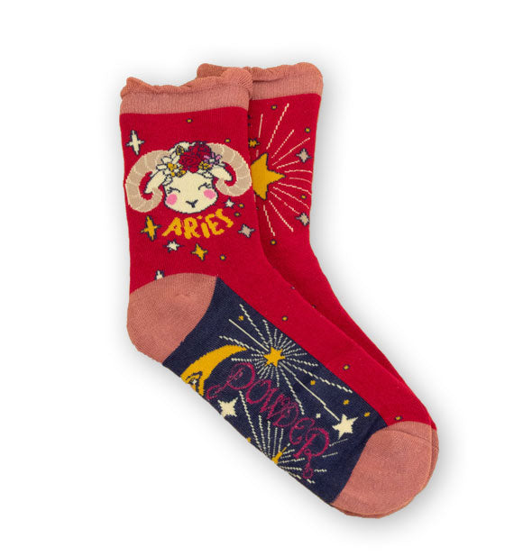 Pair of Aries socks by Powder feature astrology-themed ram design