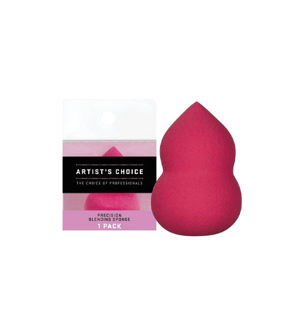 Two-lobed pink makeup applicator sponge with pointed tip sits next to an Artist's Choice Precision Blending Sponge box