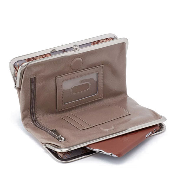 Leather wallet shown opened to reveal interior storage compartments