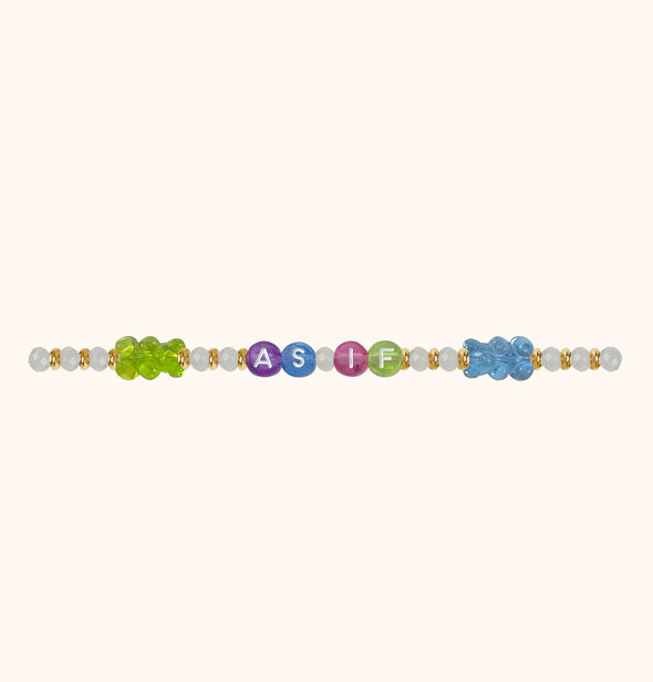 Beaded bracelet says, "As If" in purple, blue, purple, and green beads with white, gold, green, and blue glass accent beads on either side