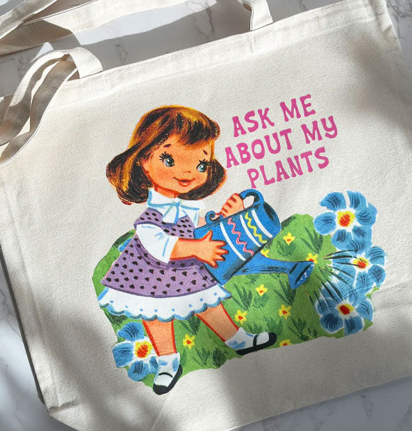 Ask Me About My Plants retro girl and watering can tote bag artwork detail