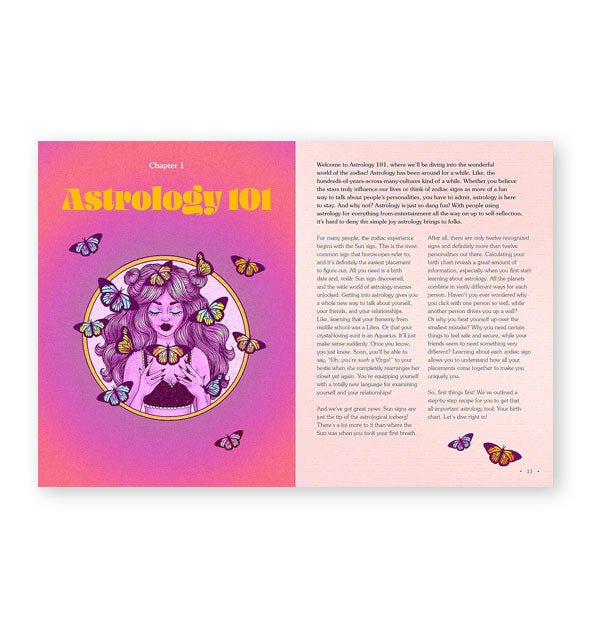 Page spread from Astrology for the Cosmic Soul features chapter 1, titled, "Astrology 101" with colorful butterfly artwork