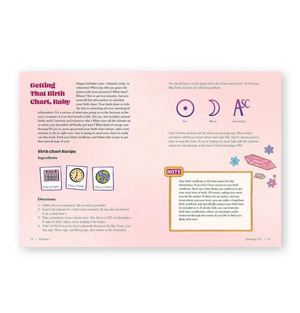 Page spread from Astrology for the Cosmic Soul features a section titled, "Getting That Birth Chart, Baby" with small intermittent illustrations
