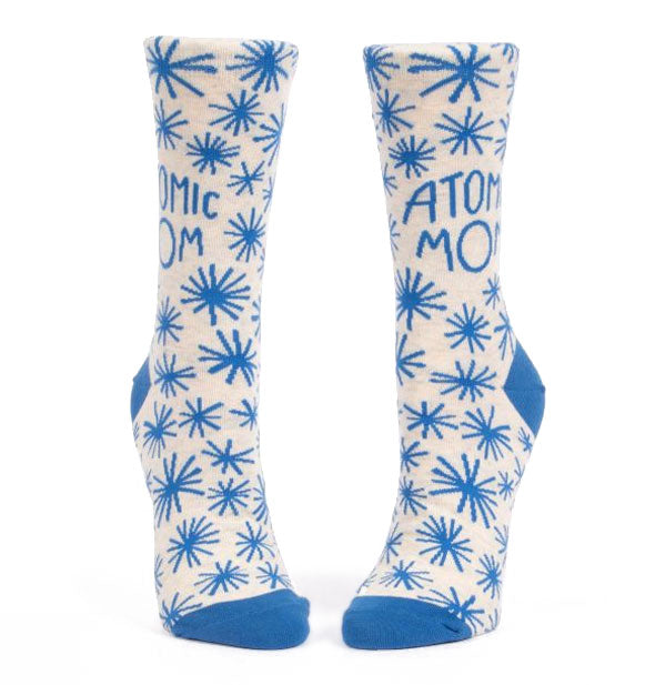 Atomic Mom crew socks with blue and white asterisk design