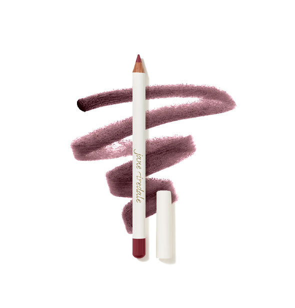 Jane Iredale Lip Pencil with cap removed and product sample drawing behind in the shade Aubergine