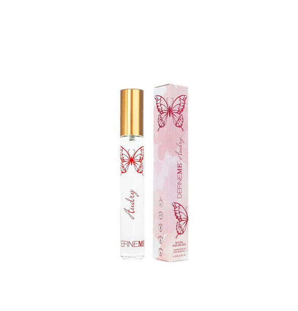 Slender tube of Audry perfume by DefineMe with pink box, both adorned with red butterfly graphics