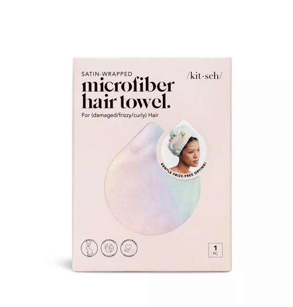 Satin-Wrapped Microfiber Hair towel by Kitsch in multicolor pastel Aura shown through window in packaging