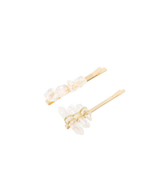 Gold hair pins accented with clear crystal stones in various shapes and sizes