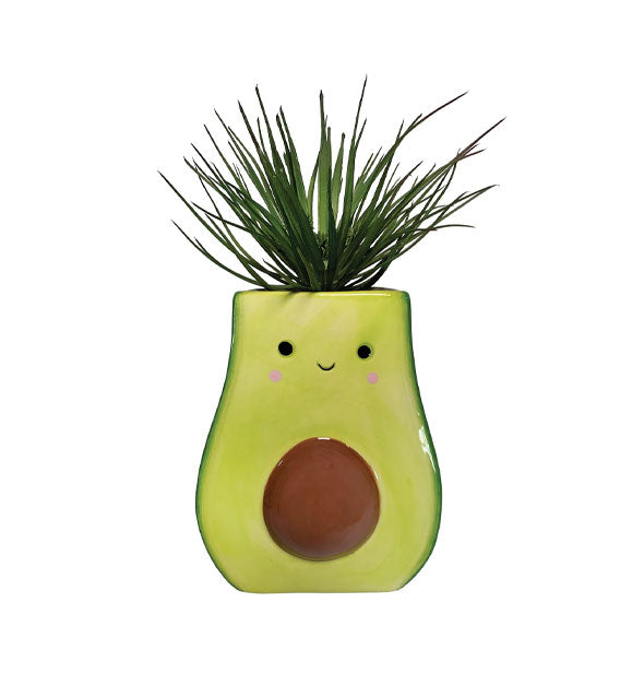 Green ceramic planter designed to resemble half an avocado with smiley face holds a grassy plant