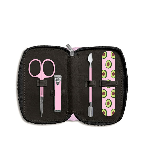 Opened Avocadoze manicure set shows tools secured by black elastic bands