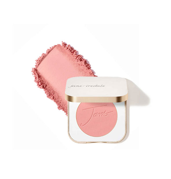 Opened square white and gold Jane Iredale compact reveals blush shade Awake inside