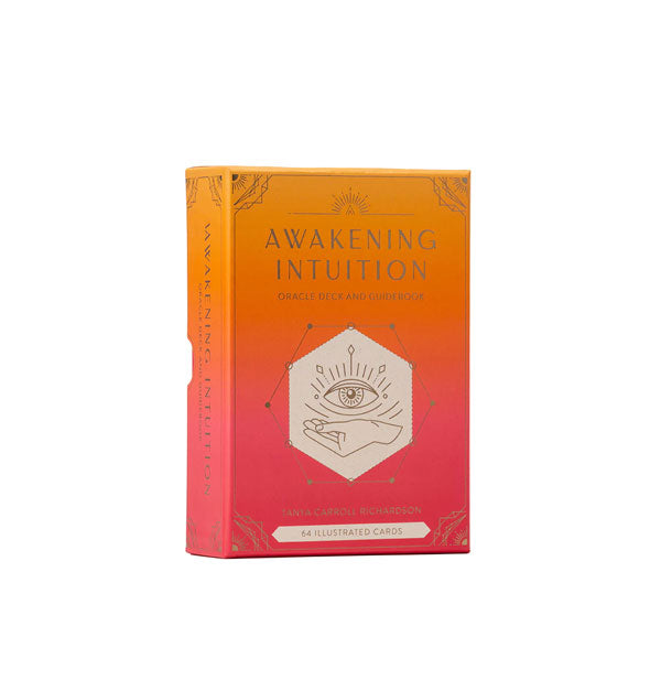 Orange-to-pink ombre Awakening Intuition Oracle Deck and Guidebook box with hand and eye illustration in a central white hexagon