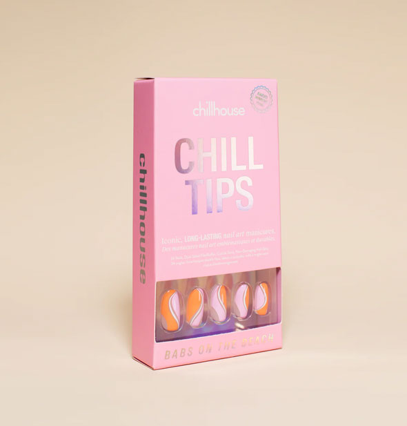 Pink box of Chillhouse Chill Tips press-on nails with wavy orange and pink design visible through packaging window