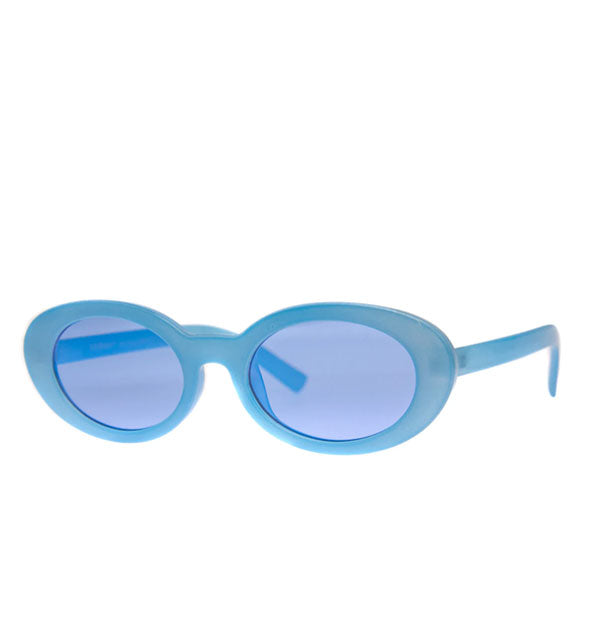 Pair of rounded blue sunglasses with blue lenses
