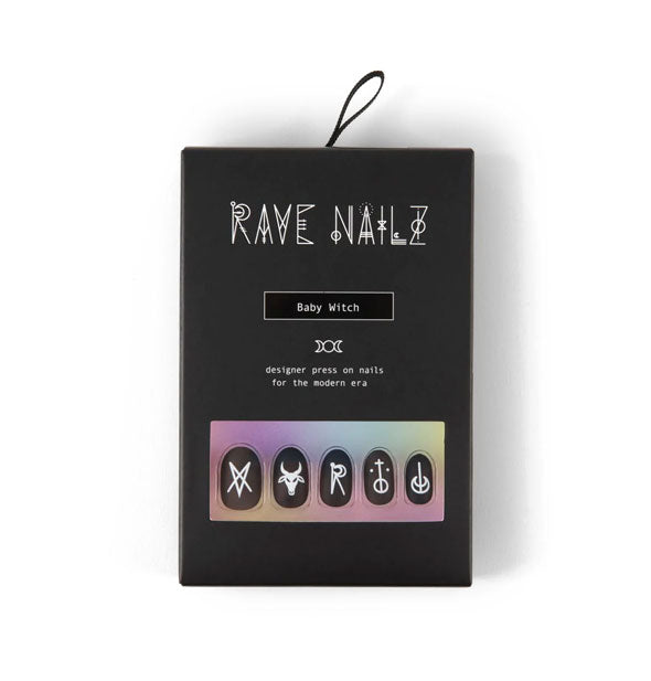 Black pack of Baby Witch Rave Nailz feautring matte black backgrounds with white rune designs