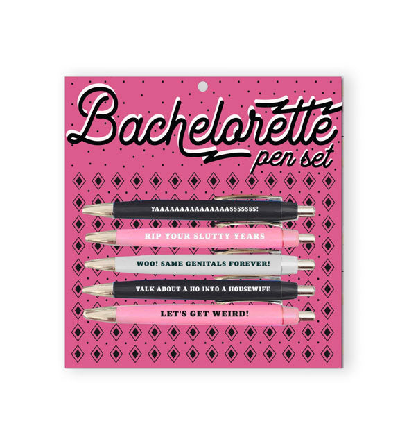 Set of five Bachelorette-themed pens, each printed with a humorous message