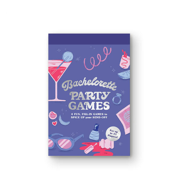 Bachelorette Party Games box with pink and purple cocktail- and party-themed illustrations and metallic silver lettering