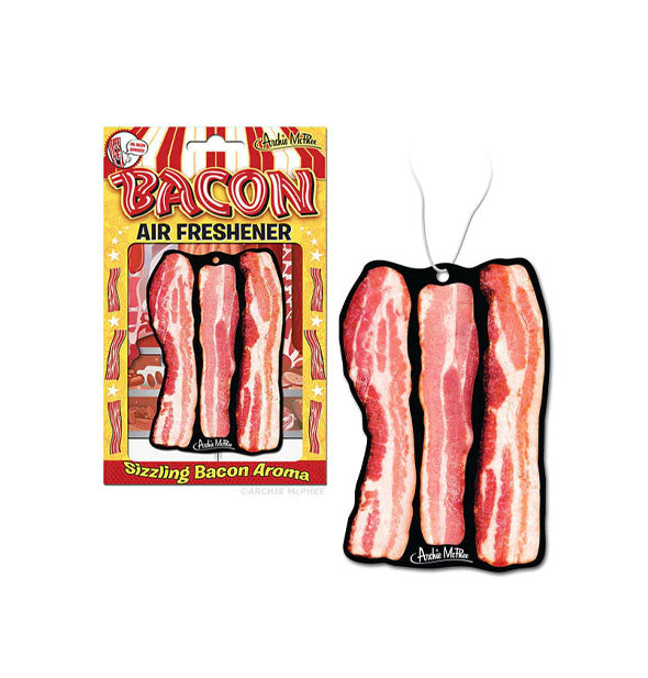 Bacon Air Freshener with and without packaging on string