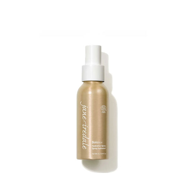 Gold 3 ounce bottle of Jane Iredale Balance Hydration Spray with white cap and white lettering