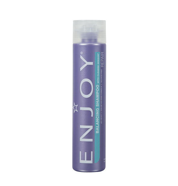 Purple 10 ounce bottle of Enjoy Balancing Shampoo with blue stripe accent