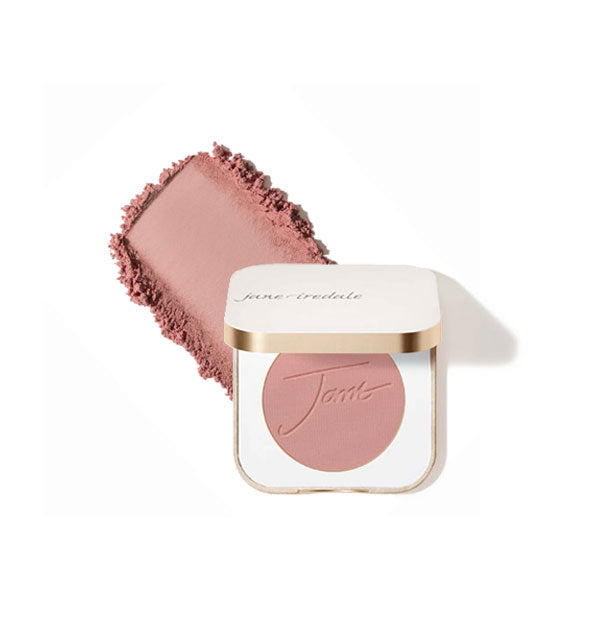 Opened square white and gold Jane Iredale compact reveals blush shade Barely Rose inside