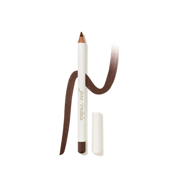 Jane Iredale liner pencil with cap removed and sample swatch behind in the shade Basic Brown