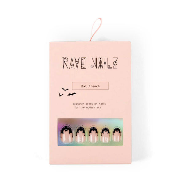 Pink pack of Bat French Rave Nailz, five of which are visible through packaging window and feature a neutral base with black bat tips