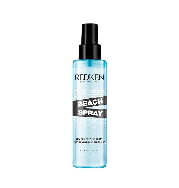 Blue 4.2 ounce bottle of Redken Beach Texture Spray with white and black lettering and design elements