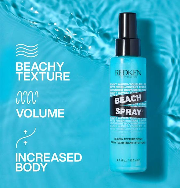 Bottle of Redken Beach Spray on a backdrop of blue, rippling water is labeled, "Beachy texture, volume, increased body"